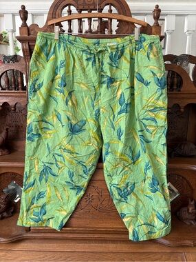 Retro 100% Cotton Green Tropical Print Drawstring Pants